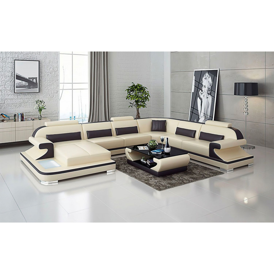 Jubilee Josia Large Left Hand Facing Sectional Sofas with Adjustable Headrest - Beige/Dark Brown, Top Grain Italian Leather