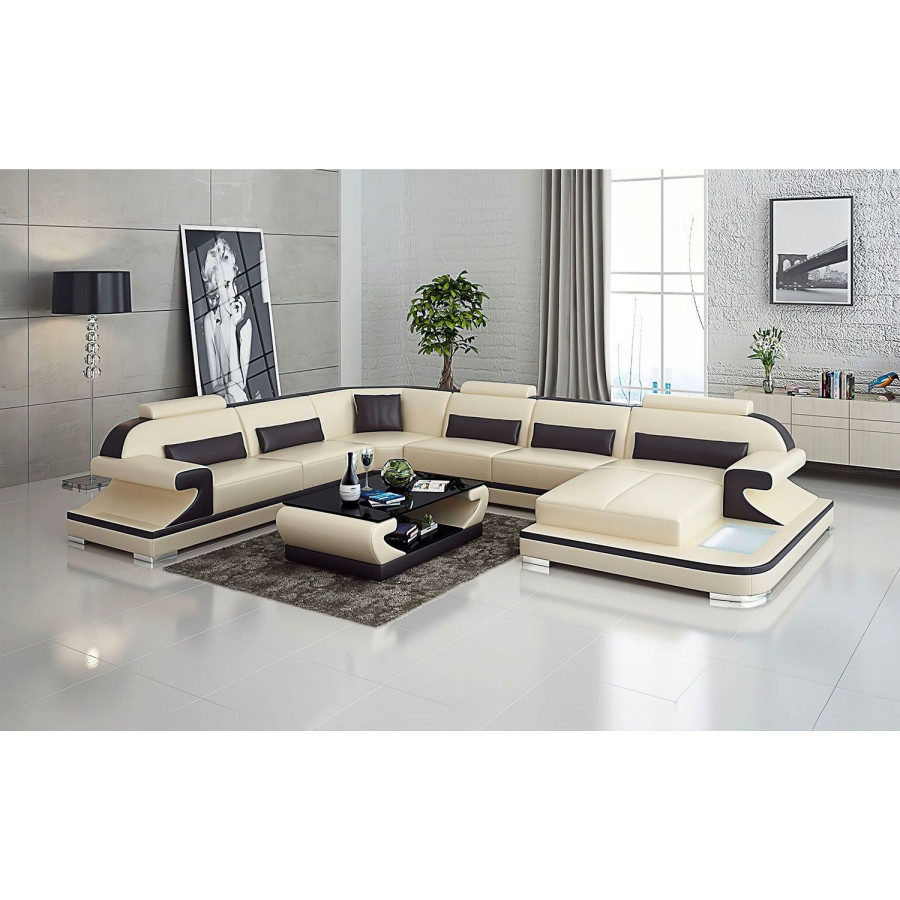 Jubilee Josia Large Right Hand Facing Sectional Sofas with Adjustable Headrest - Beige/Dark Brown, Top Grain Italian Leather