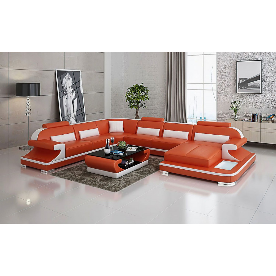 Jubilee Josia Large Right Hand Facing Sectional Sofas with Adjustable Headrest - Orange/White, Top Grain Italian Leather