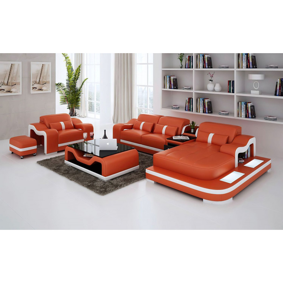 Jubilee Bayard Right Hand Facing Sectional with Ottoman - Orange/White, Top Grain Italian Leather
