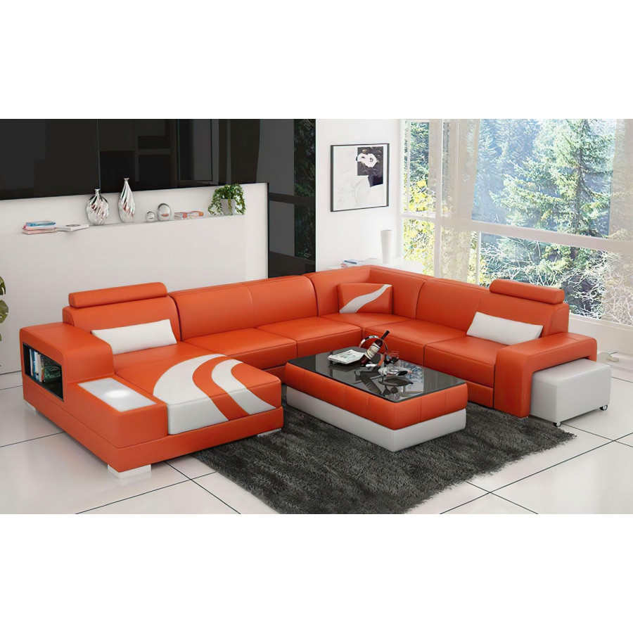 Jubilee Lawrence Left Hand Facing Sectional with Ottoman - Orange/White, Top Grain Italian Leather