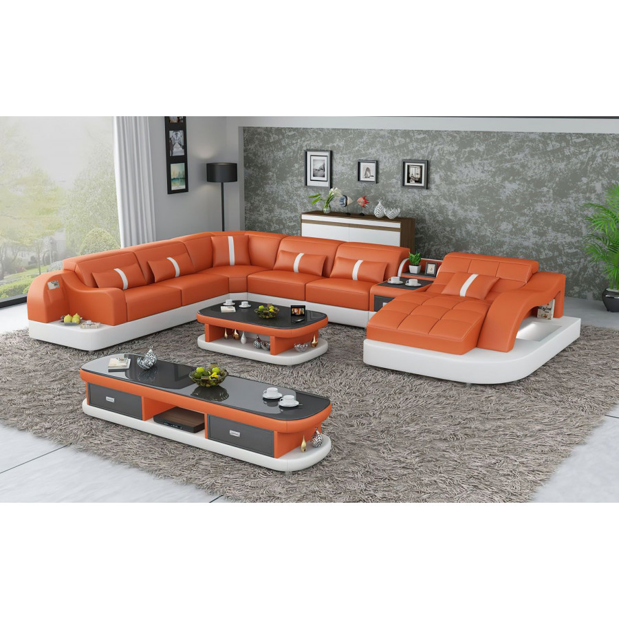 Jubilee Reversible Corner Right Hand Facing Sectional with Led - Orange/White, Top Grain Italian Leather