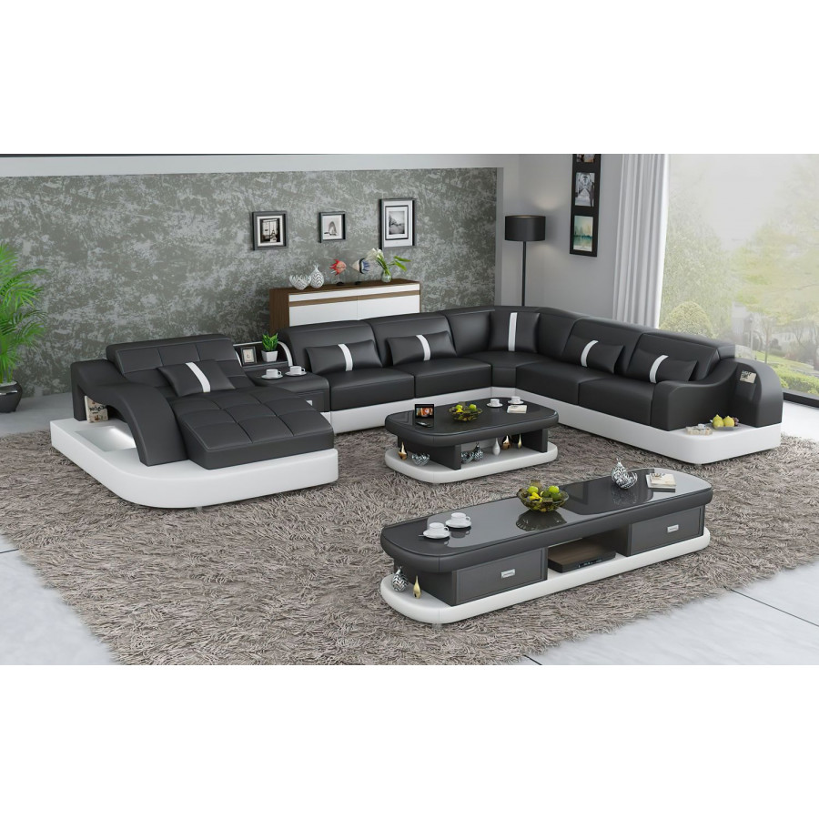 Jubilee Reversible Corner Left Hand Facing Sectional with Led - Black/White, Top Grain Italian Leather
