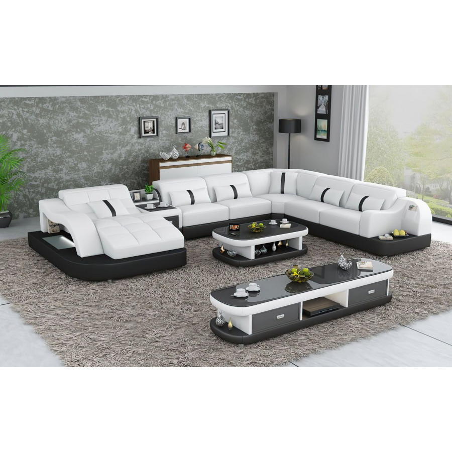 Jubilee Reversible Corner Left Hand Facing Sectional with Led - White/Black, Top Grain Italian Leather