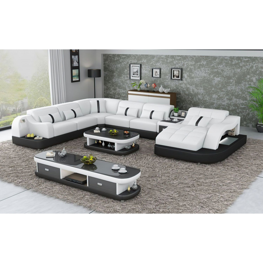 Jubilee Reversible Corner Right Hand Facing Sectional with Led - White/Black, Top Grain Italian Leather