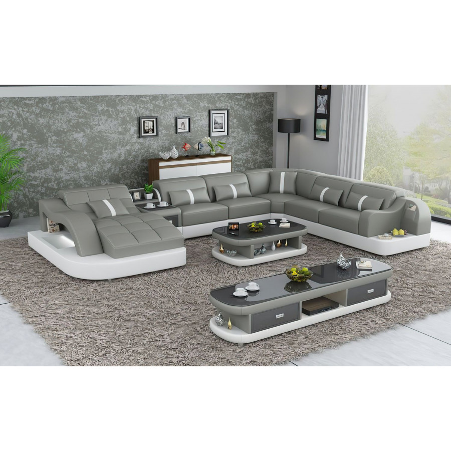 Jubilee Reversible Corner Left Hand Facing Sectional with Led - Gray/White, Top Grain Italian Leather