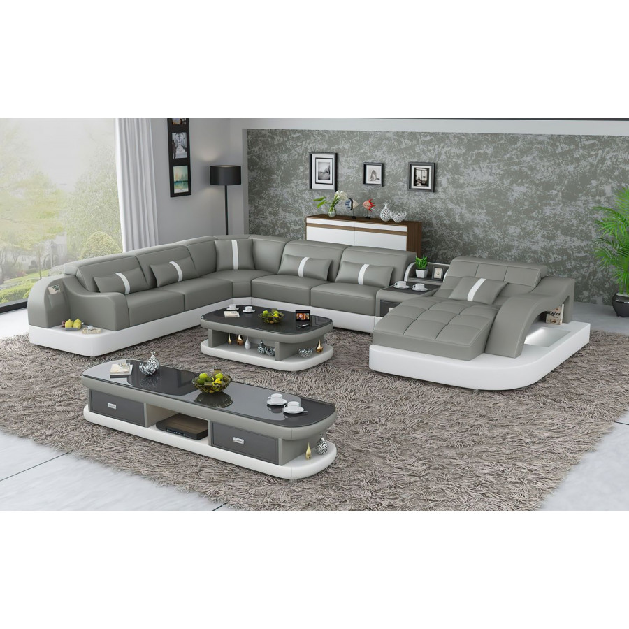 Jubilee Reversible Corner Right Hand Facing Sectional with Led - Gray/White, Top Grain Italian Leather