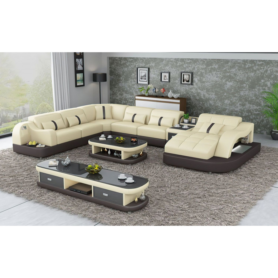Jubilee Reversible Corner Right Hand Facing Sectional with Led - Beige/Dark Brown, Top Grain Italian Leather