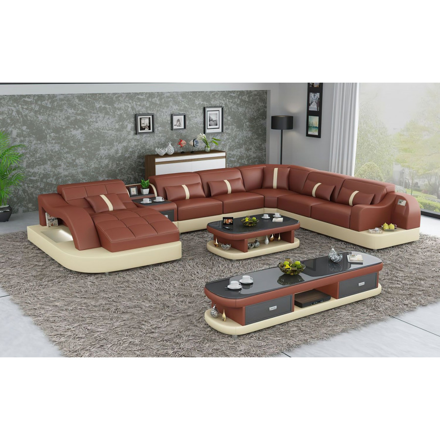Jubilee Reversible Corner Left Hand Facing Sectional with Led - Brown/Beige, Top Grain Italian Leather