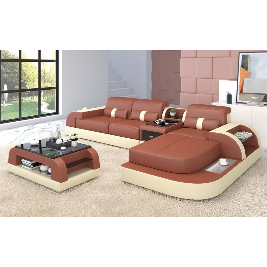 Jubilee Piliu Small Right Hand Facing Sectional with Chaise - Brown/Beige, Top Grain Italian Leather