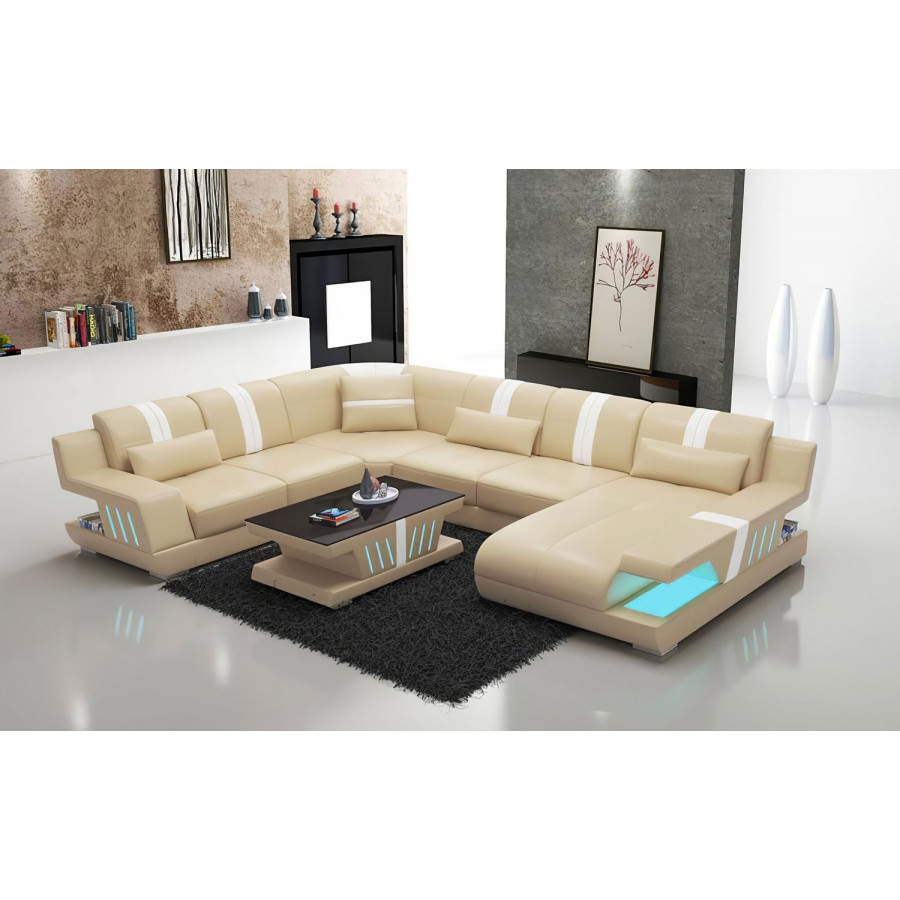 Jubilee Yuli Modern U-Shape Right Hand Facing Sectional - Beige/White, Top Grain Italian Leather