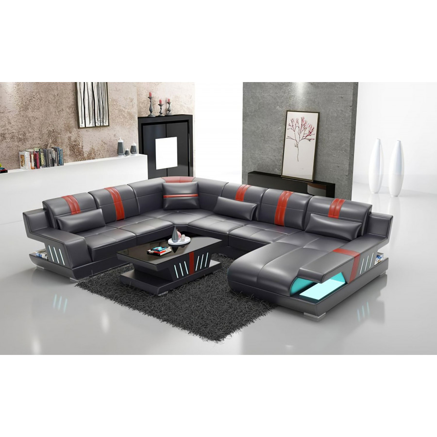 Jubilee Yuli Modern U-Shape Right Hand Facing Sectional - Black/White, Top Grain Italian Leather