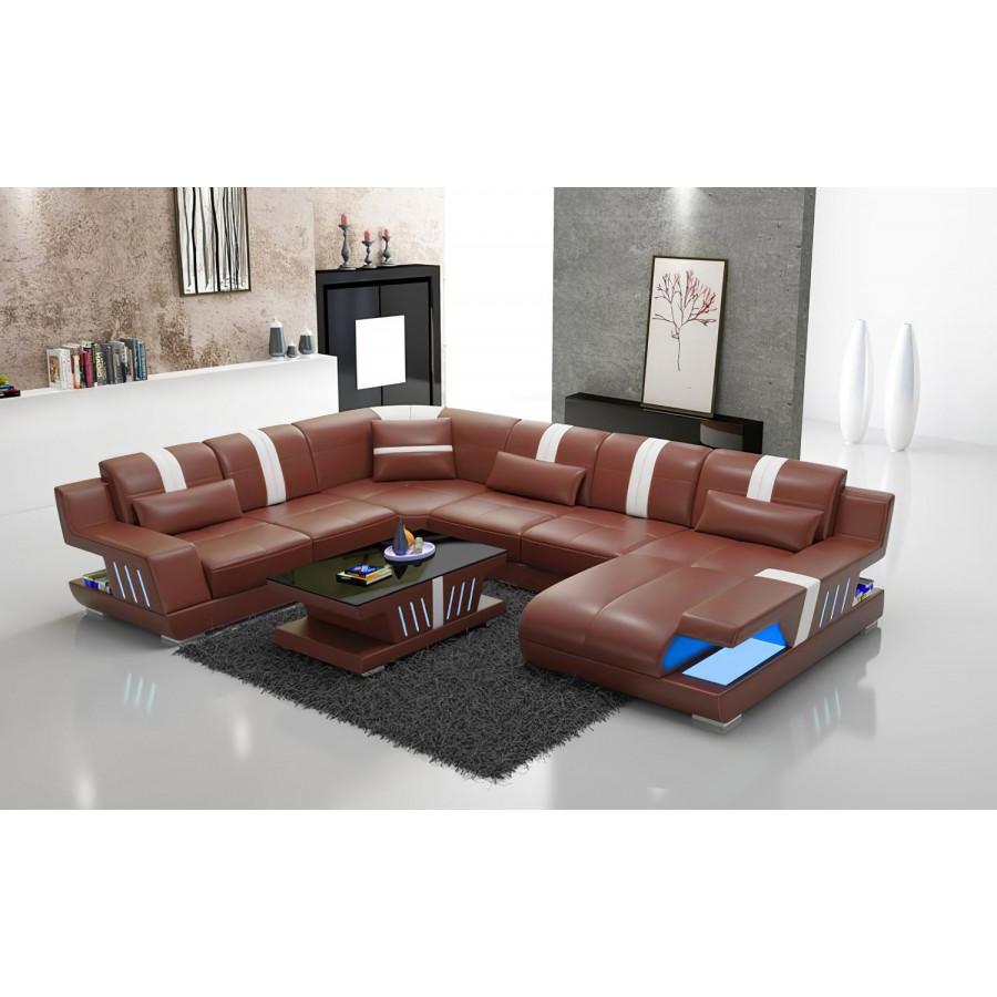 Jubilee Yuli Modern U-Shape Right Hand Facing Sectional - Brown/White, Bonded Leather