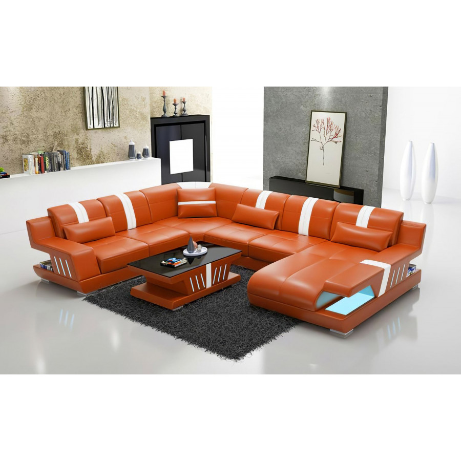 Jubilee Yuli Modern U-Shape Right Hand Facing Sectional - Orange/White, Top Grain Italian Leather