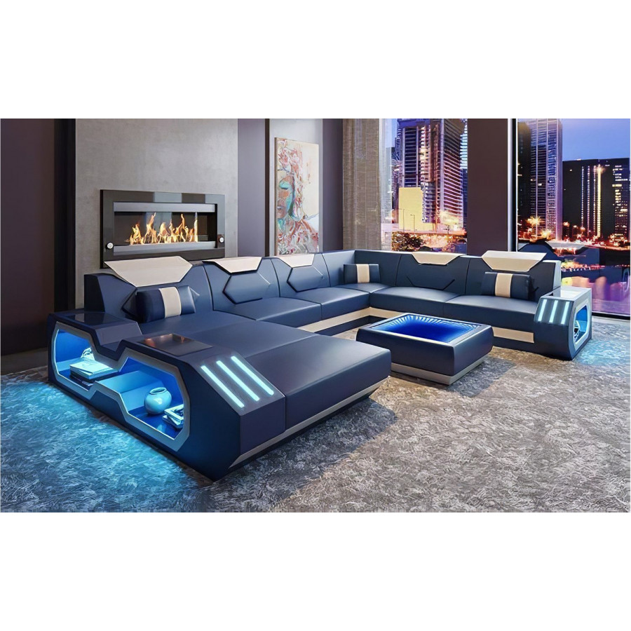Jubilee Sahara Modern Left Hand Facing Sectional with Led - Blue/White, Top Grain Italian Leather