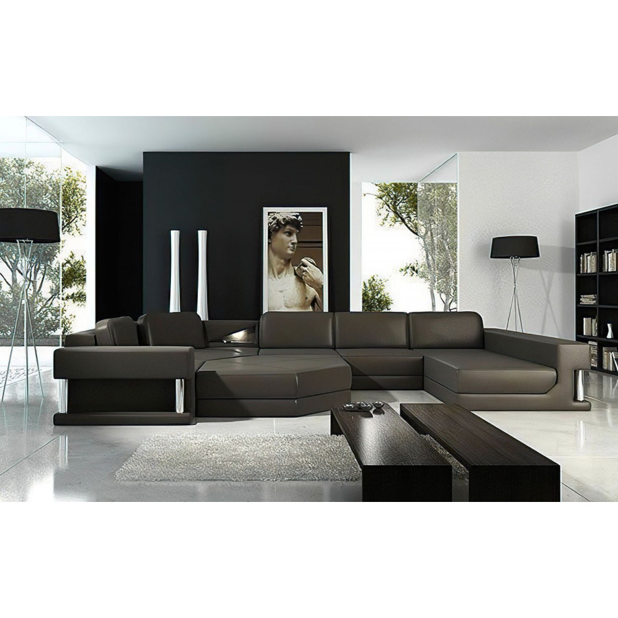 Jubilee Stoughton Right Hand Facing Sectional with Ottoman - Black, Top Grain Italian Leather