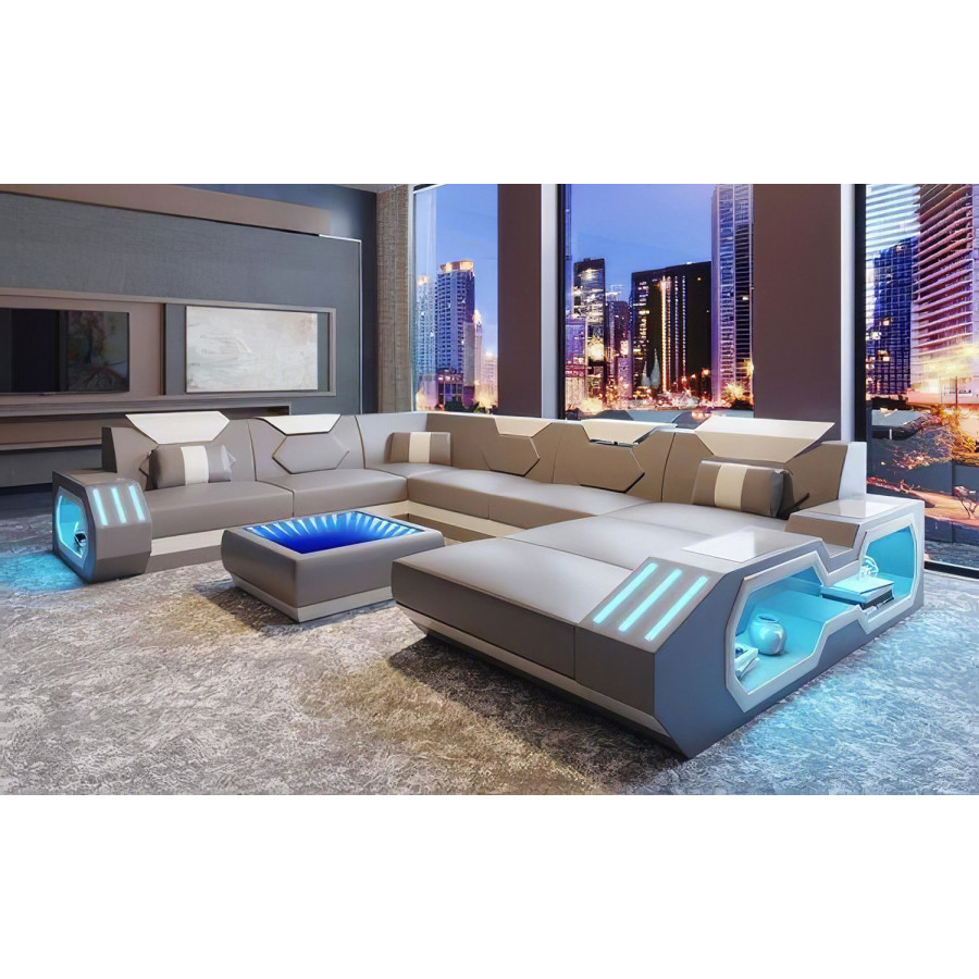Jubilee Sahara Modern Right Hand Facing Sectional with Led - Gray/White, Bonded Leather