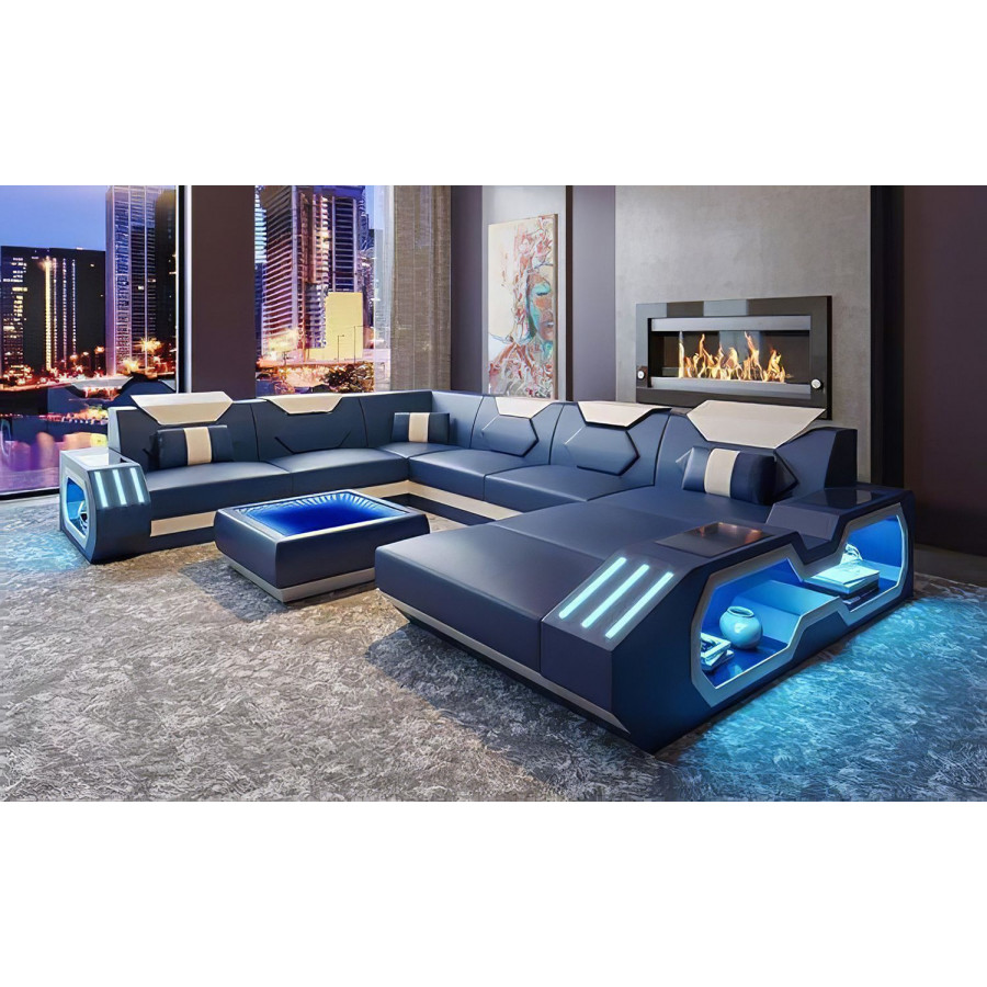 Jubilee Sahara Modern Right Hand Facing Sectional with Led - Blue/White, Bonded Leather