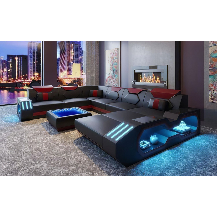 Jubilee Sahara Modern Right Hand Facing Sectional with Led - Black/Red, Top Grain Italian Leather
