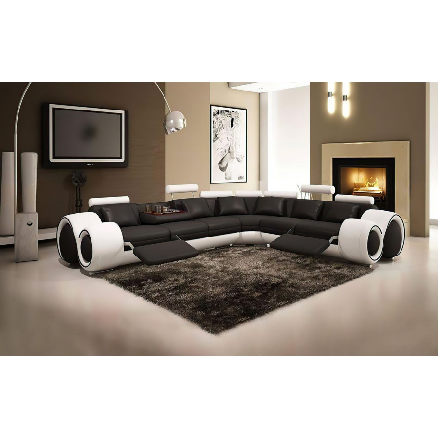 Jubilee Bouie Right Hand Facing Sectional with Adjustable Footrest - Black/White, Bonded Leather