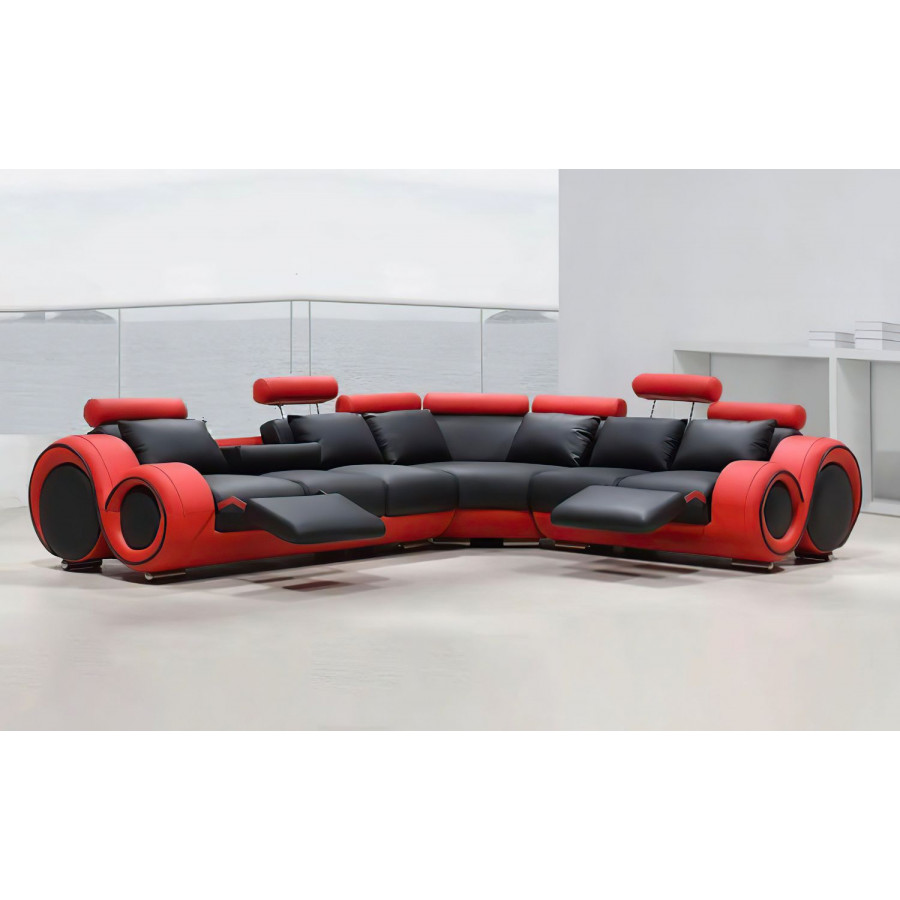 Jubilee Bouie Left Hand Facing Sectional with Adjustable Footrest - Black/Red, Bonded Leather