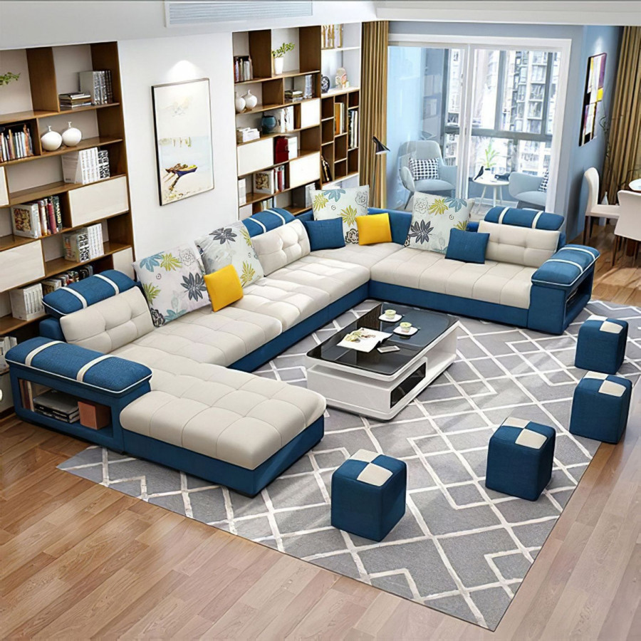 Jubilee Selena Style C Modular Tufted Sectional - White/Blue, Fabric