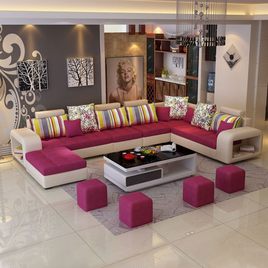 Jubilee Selena Style E Modular Tufted Sectional - Rose Red/Light Beige, Fabric