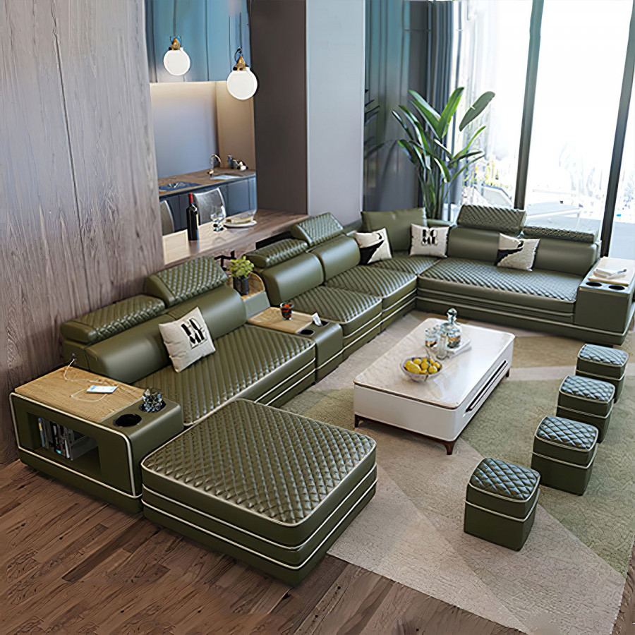 Jubilee Selena Style F Modular Tufted Sectional - Army Green/White, Bonded Leather