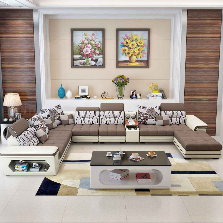 Jubilee Selena Style G Modular Tufted Sectional - Brown/Light Beige, Bonded Leather