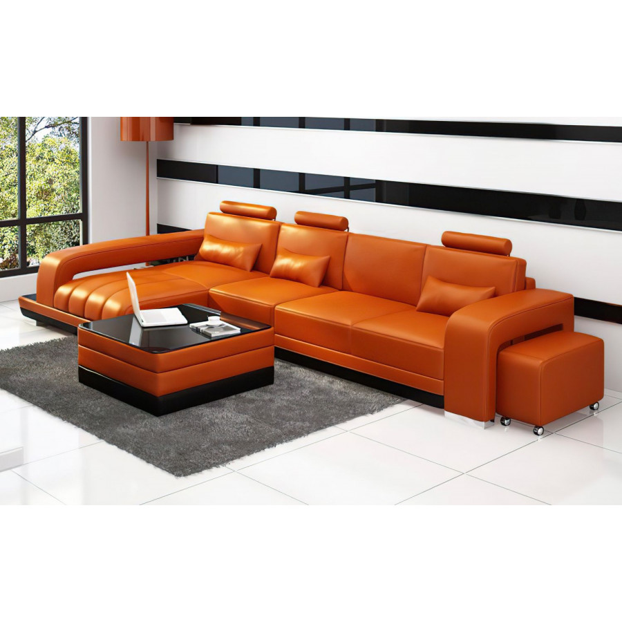 Jubilee Heather Small Modern Left Hand Facing Sectional with Chaise - Orange, Top Grain Italian Leather