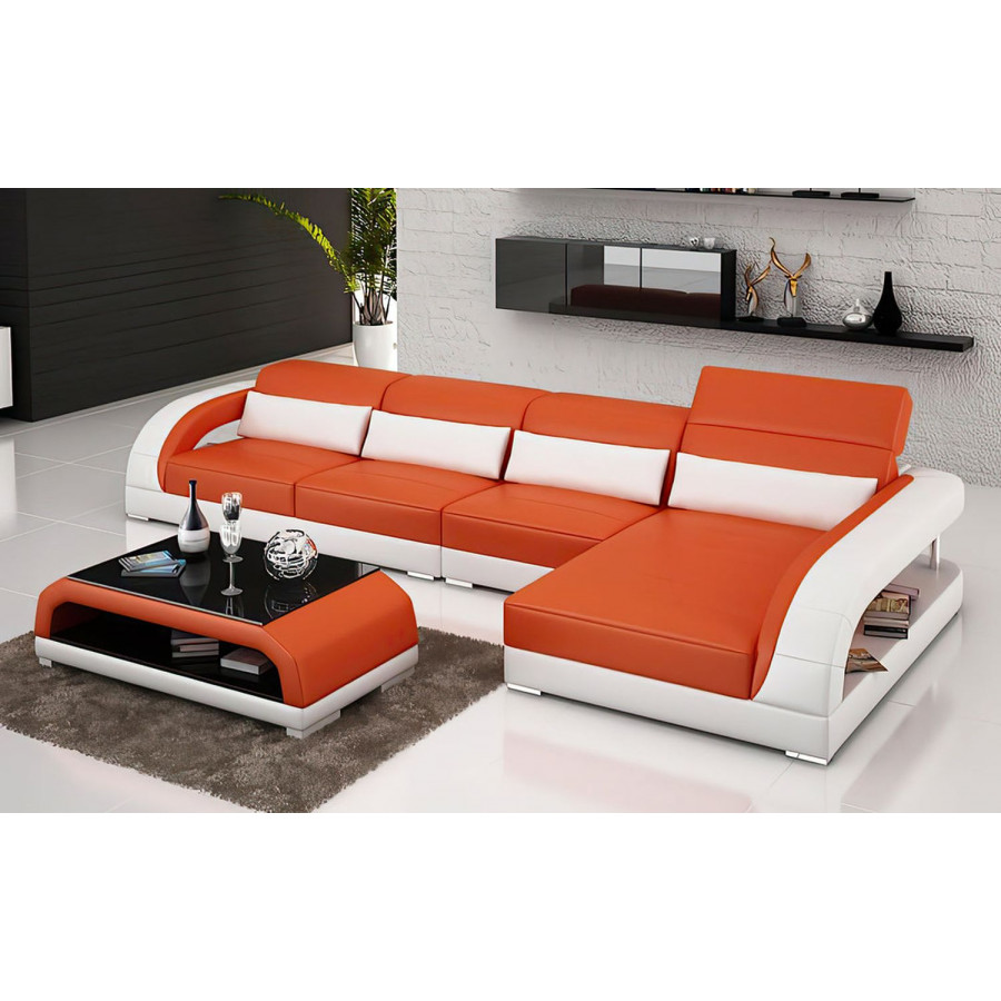 Jubilee Monte Small Modern Right Hand Facing Sectional - Orange/White, Top Grain Italian Leather