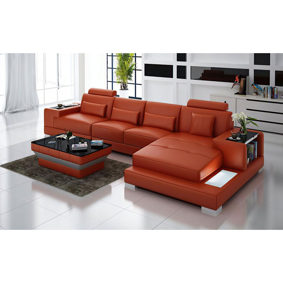Jubilee Giana Small Modern Left Hand Facing Sectional with Led - Orange, Top Grain Italian Leather