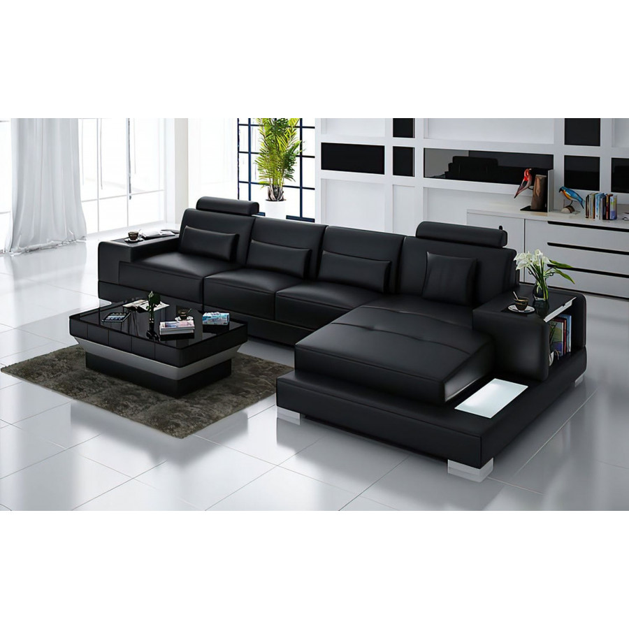 Jubilee Giana Small Modern Right Hand Facing Sectional with Led - Black, Bonded Leather