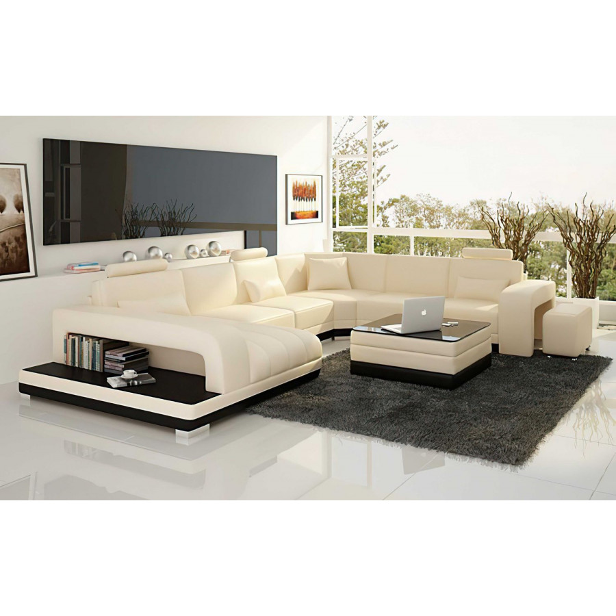 Jubilee Heather Modern U-Shape Left Hand Facing Sectional - Beige/Black, Top Grain Italian Leather
