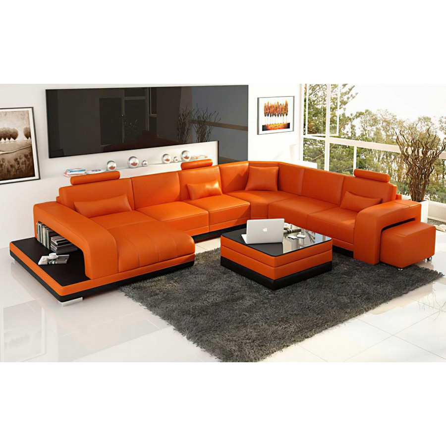 Jubilee Heather Modern U-Shape Left Hand Facing Sectional - Orange/Black, Bonded Leather