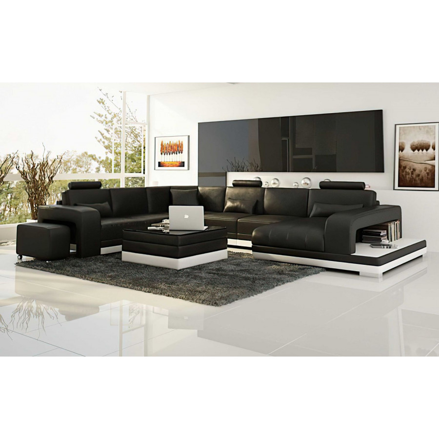 Jubilee Heather Modern U-Shape Right Hand Facing Sectional - Black/White, Bonded Leather