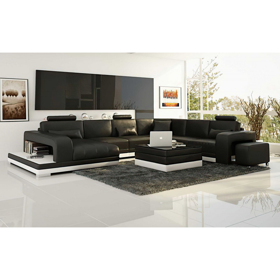 Jubilee Heather Modern U-Shape Left Hand Facing Sectional - Black/White, Top Grain Italian Leather