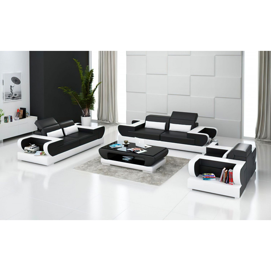 Jubilee Ezrael Modern Sofa Set - Black/White, Top Grain Italian Leather