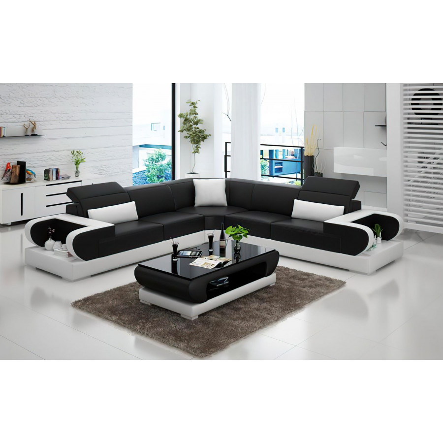 Jubilee Ezrael Modern Sectional - Black/White, Top Grain Italian Leather