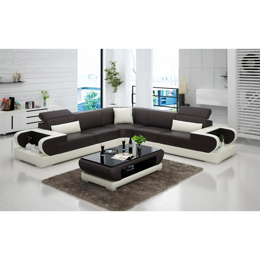 Jubilee Ezrael Modern Sectional - Dark Brown/White, Top Grain Italian Leather