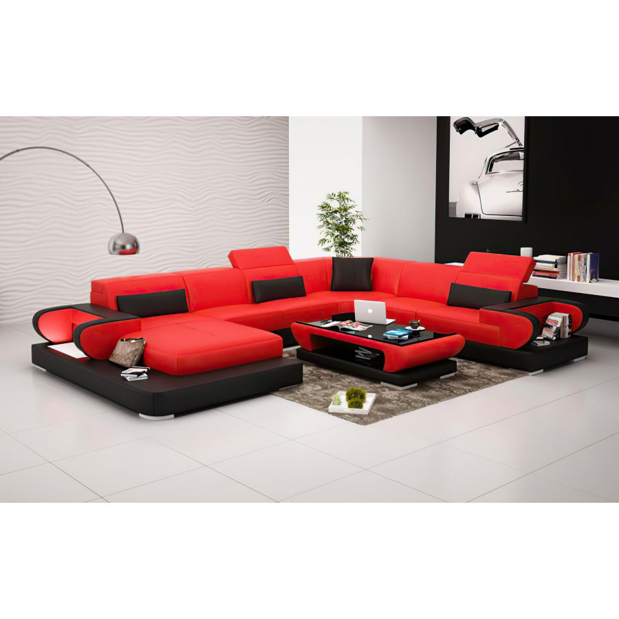 Jubilee Ezrael Modern U-Shape Left Hand Facing Sectional - Red/Black, Top Grain Italian Leather