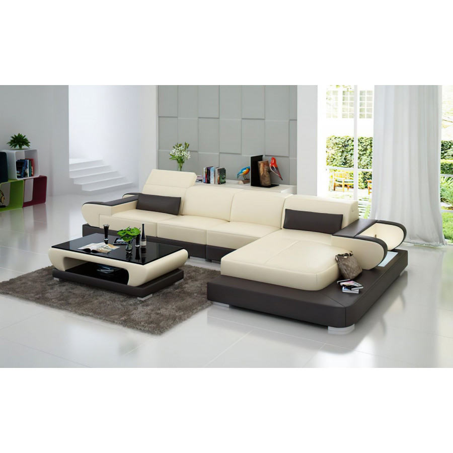 Jubilee Ezrael Small Modern Right Hand Facing Sectional - Beige/Dark Brown, Top Grain Italian Leather