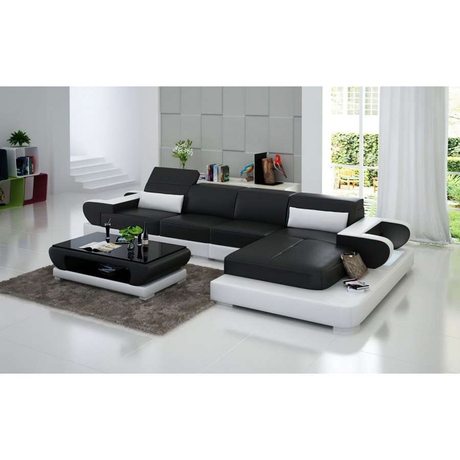 Jubilee Ezrael Small Modern Right Hand Facing Sectional - Black/White, Bonded Leather