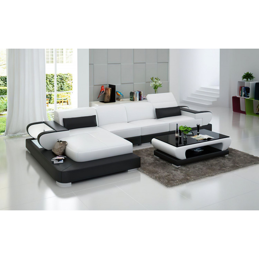 Jubilee Ezrael Small Modern Left Hand Facing Sectional - White/Black, Top Grain Italian Leather