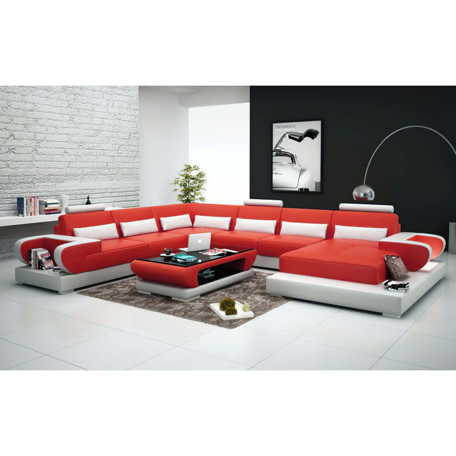 Jubilee Mirak Modern U-Shape Right Hand Facing Sectional - Red/White, Bonded Leather