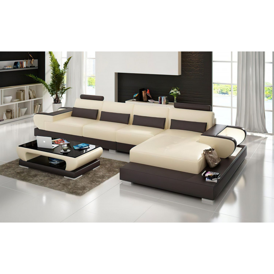 Jubilee Mirak Small Modern Right Hand Facing Sectional - Beige/Dark Brown, Top Grain Italian Leather