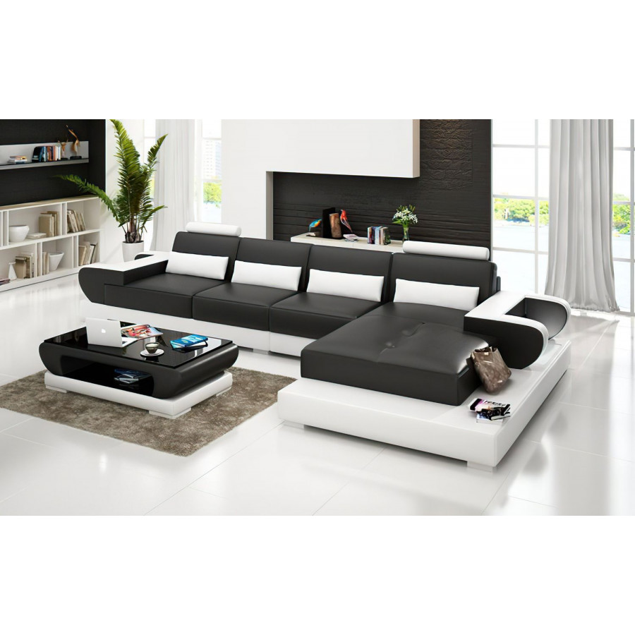 Jubilee Mirak Small Modern Right Hand Facing Sectional - Black/White, Bonded Leather