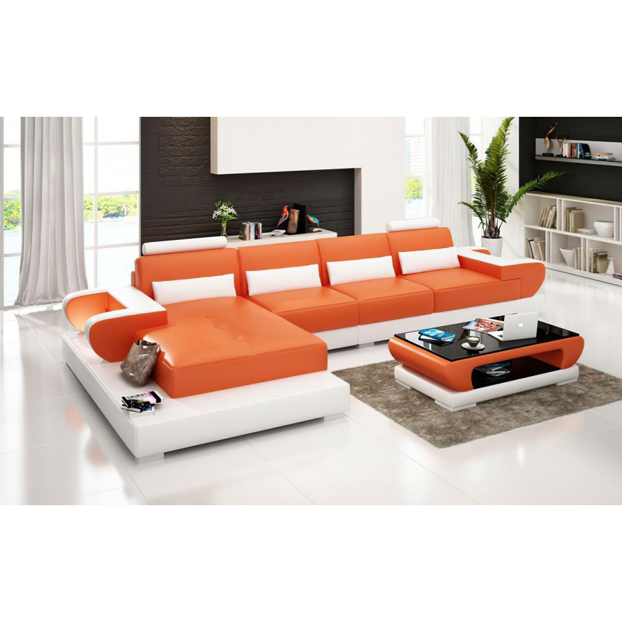 Jubilee Mirak Small Modern Left Hand Facing Sectional - Orange/White, Bonded Leather