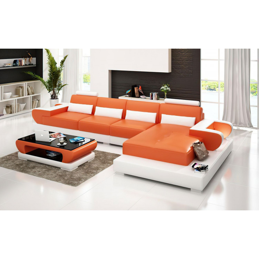 Jubilee Mirak Small Modern Right Hand Facing Sectional - Orange/White, Top Grain Italian Leather