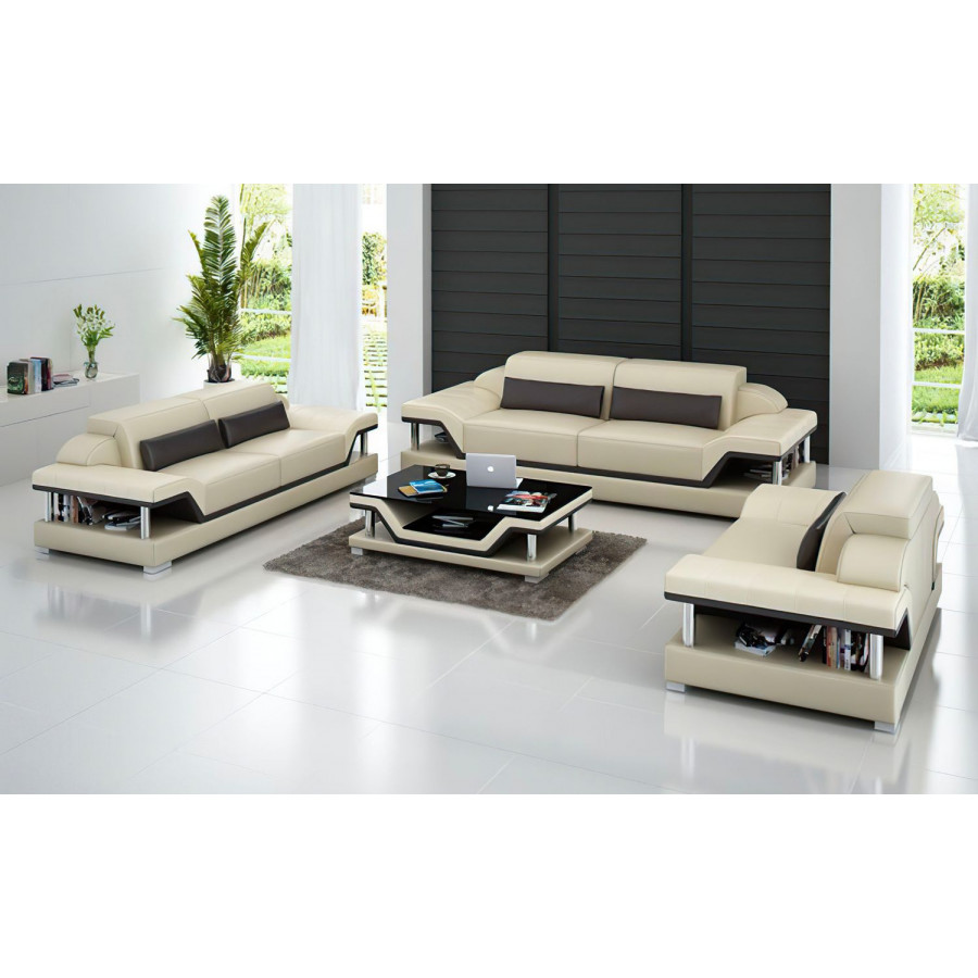 Jubilee Taliya Sofa Set with Adjustable Headrest - Beige/Dark Brown, Bonded Leather
